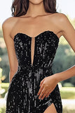 Sexy Black Sweetheart A Line Sequin Long Prom Dress with Slit