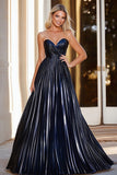 Glitter A Line Navy Sweetheart Ruched Pleated Long Prom Dress