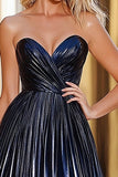 Glitter A Line Navy Sweetheart Ruched Pleated Long Prom Dress