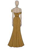 Gold Off The Shoulder Sheath Metallic Satin Prom Dress with Slit