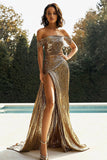 Gold Off The Shoulder Sheath Metallic Satin Prom Dress with Slit