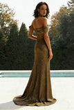 Off The Shoulder Metallic Gold Sheath Prom Dress With Slit