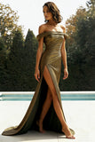 Gold Off The Shoulder Sheath Metallic Satin Prom Dress with Slit