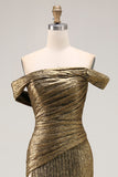 Gold Off The Shoulder Sheath Metallic Satin Prom Dress with Slit