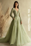 Dusty Sage A Line Long Sleeves V-Neck Tulle Prom Dress