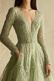 Dusty Sage A Line Long Sleeves V-Neck Tulle Prom Dress