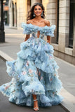 Floral Blue Off the Shoulder A Line Ruffled Long Prom Dress