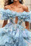 Floral Blue Off the Shoulder A Line Ruffled Long Prom Dress