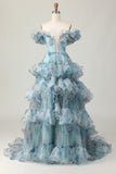 Floral Blue Off the Shoulder A Line Ruffled Long Prom Dress