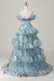 Floral Blue Off the Shoulder A Line Ruffled Long Prom Dress