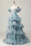 Floral Blue Off the Shoulder A Line Ruffled Long Prom Dress