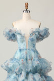 Floral Blue Off the Shoulder A Line Ruffled Long Prom Dress