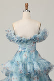 Floral Blue Off the Shoulder A Line Ruffled Long Prom Dress