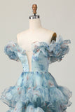 Floral Blue Off the Shoulder A Line Ruffled Long Prom Dress