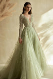 Dusty Sage Princess V Neck Lace Applique Tulle Prom Dress with Long Sleeves