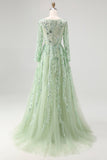 Princess Dusty Sage V Neck Sequin Floral Applique Tulle Prom Dress with Long Sleeves