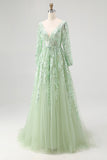 Princess Dusty Sage V Neck Sequin Floral Applique Tulle Prom Dress with Long Sleeves