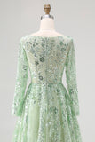 Princess Dusty Sage V Neck Sequin Floral Applique Tulle Prom Dress with Long Sleeves