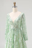 Princess Dusty Sage V Neck Sequin Floral Applique Tulle Prom Dress with Long Sleeves