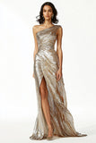 Glitter Gold Sheath One Shoulder Ruched Prom Dress with Slit