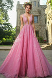 Sparkly Fuchsia V Neck Princess Lace Applique Long Prom Dress