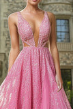 Sparkly Fuchsia V Neck Princess Lace Applique Long Prom Dress