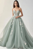 Grey Green Tulle Sweetheart Princess Long Prom Dress with Appliques