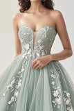 Grey Green Tulle Sweetheart Princess Long Prom Dress with Appliques