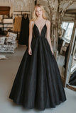 Black Spaghetti Straps Princess Deep-V Neck Long Prom Dress with Appliques