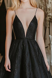 Black Spaghetti Straps Princess Deep-V Neck Long Prom Dress with Appliques