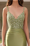 Satin Sage V Neck Sheath Lace Applique Prom Dress with Slit