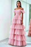 Pink Princess Off the Shoulder Pleated Tulle Tiered Long Prom Dress