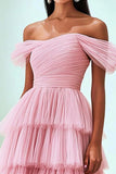 Pink Princess Off the Shoulder Pleated Tulle Tiered Long Prom Dress