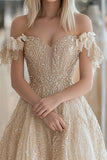 Sparkly Champagne Princess Tulle Sweetheart Off the Shoulder Prom Dress