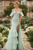 Mint Chiffon Cold Shoulder Applique Ruffled Prom Dress with Slit