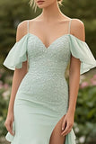 Mint Chiffon Cold Shoulder Applique Ruffled Prom Dress with Slit