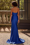 Royal Blue Satin V Neck Ruched Sheath Prom Dress with Slit