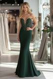 Dark Green Sweetheart Satin Sheath Prom Dress with Lace Appliques