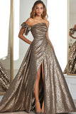 Gold Glitter A Line One Shoulder Ruched Prom Dress with Slit