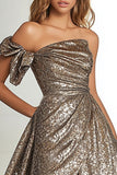 Gold Glitter A Line One Shoulder Ruched Prom Dress with Slit