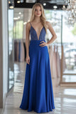 Royal Blue Deep V Neck Spaghetti Straps A Line Prom Dress