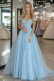 Sky Blue Off the Shoulder Princess Tulle Prom Dress with Lace Appliques