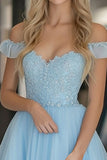 Sky Blue Off the Shoulder Princess Tulle Prom Dress with Lace Appliques