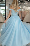 Sky Blue Off the Shoulder Princess Tulle Prom Dress with Lace Appliques