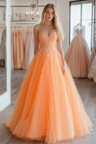 Orange Princess Tulle Sweetheart Prom Dress with Lace Appliques