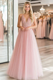 A Line Lace Appliques Tulle Pink Deep V Neck Prom Dress