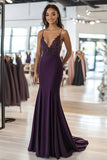 Satin Dark Purple Sheath Deep V Neck Lace Applique Prom Dress