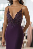 Satin Dark Purple Sheath Deep V Neck Lace Applique Prom Dress