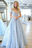 Sky Blue Princess Off the Shoulder Lace Applique Long Prom Dress