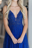 Royal Blue A Line Spaghetti Straps Lace Applique Long Prom Dress